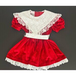 Vintage Rose Cottage Girl's 5 Red Velveteen Dress Large Lace Collar Satin Belt